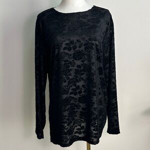 Vtg Womens L Black Semi Sheer‎ Floral Flocked Top Whimsigoth Dark Romantic USA